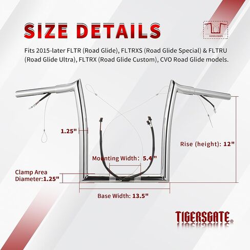 TIGERSGATE 12" Rise Pre-Wired Road Glide Handlebars Pre-Install CAN-Bus Wiring Harness & Pull Wire 1.25" Fat Meathook Ape Hangers for 2015-up Harley Road Glide Models, Chrome in Kuwait