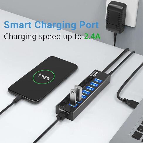 موزع USB 3.0 يعمل بالطاقة من atolla، موزع بيانات USB 7 منافذ بالإضافة إلى منفذ شحن ذكي وملحق USB بما في ذلك مفاتيح فردية ومحول طاقة 5 فولت/4 أمبير in Kuwait