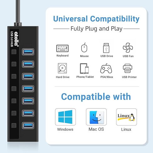 موزع USB 3.0 يعمل بالطاقة من atolla، موزع بيانات USB 7 منافذ بالإضافة إلى منفذ شحن ذكي وملحق USB بما في ذلك مفاتيح فردية ومحول طاقة 5 فولت/4 أمبير in Kuwait