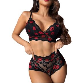SweatyRocks Women's 2 Piece Lingerie Set Embroidery Scallop Trim Lace Bra and High Waist Briefs