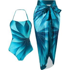 One Piece Swimsuit Sets for Women with Cover up Two Piece Bathing Suit Wrap Skirt Sarong Retro Print Bikini Set