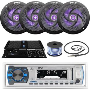 Pyle In-Dash Marine AM/FM USB AUX Headunit Receiver Bundle Combo with 4x 6.5'' 2-Way 240W Black Stereo Speakers with Blue LED Lights, Pyle 400 Watt 4-Channel Bluetooth Amplifier, Speaker Wire, Antenna