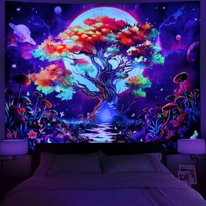 بلاك لايت شجرة الحياة نسيج تريبي مون نسيج الأشعة فوق البنفسجية التفاعلية شجرة الغابات نسيج النيون الجمالية نسيج الفطر الملونة نسيج الجدار شنقا لغرفة النوم غرفة المعيشة (70.8 × 94.5 بوصة) in Kuwait