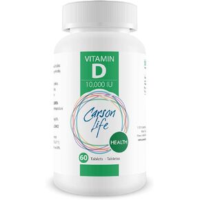 CARSON LIFE Vitamin D 10,000 IU Tablets - Excellent Supplement for Vitamin D Deficiency - Helps Strengthen Bones, Teeth and Immune System - 60 Tablets - Made in The USA