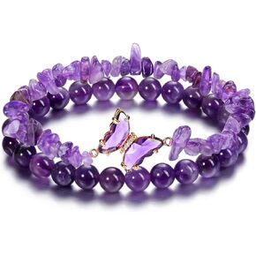 Jovivi Natural Amethyst Butterfly Bracelet for Women Anxiety 8mm Round Stone Beads Amethyst Chip Gemstone Beaded Bracelets Healing Crystal Stretch Bracelet Yoga Jewelry Gifts