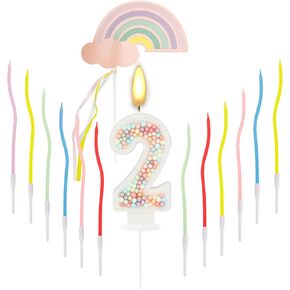 14Pcs Birthday Candle Number 2 Macaron Glitter 3D Number Candle with 12 Pcs Multicolor Spiral Candles & Rainbow Cake Topper Sweet Theme 2nd Birthday Wedding Anniversary Party Decor