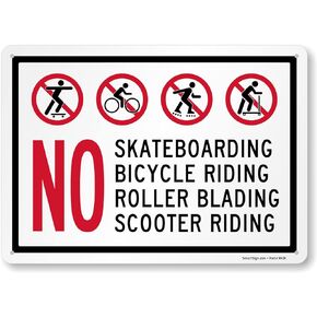 SmartSign "No Skateboarding, Bicycle Riding, Roller Blading, Scooter Riding" Metal Sign with Symbols, 10 x 14 inch, 40 mil Laminated Rustproof Aluminum, Red/Black on White