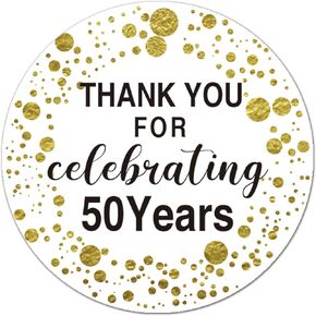50th Birthday Thank You Stickers, Black and Gold 50th Birthday Favors, 50th Birthday Stickers, Anniversary Party Decorations, 2 Inch Round Circle Label Stickers, Pack of 50.