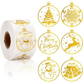 Whaline 600Pcs Christmas Clear Stickers Gold Foil Xmas Ball Shape Adhesive Labels Round Winter Snowman Snowflake Envelop Seals for Invitation Greeting Cards Gift Decor, 1.5 Inch