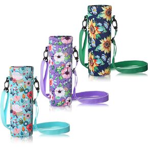 CHENGU 3 Pack 25 oz Neoprene Water Bottle Carrier Bag with Adjustable Shoulder Strap Water Bottle Holders for Adults Sports Gym Hiking Camping Walking(Floral Style)
