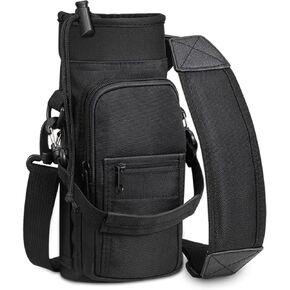 SITHON Water Bottle Carrier Bag with Adjustable Shoulder Strap, Sports Water Bottle Sling Case Holder Sleeve Pouch with 2 Pockets/Hand Strap for Hiking Travelling School Camping (Black)