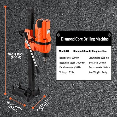 آلة الحفر الأساسية الماسية BHTOP، جهاز الحفر الأساسي للخرسانة الرطبة مقاس 10 بوصات مع عجلة حامل، وسرعة 700 دورة في الدقيقة ومقبض رفع وخيط 1-1/4 بوصة، وقطر الحفر لحجر الطوب الخرساني، 3300 وات (بدون قطع) in Kuwait