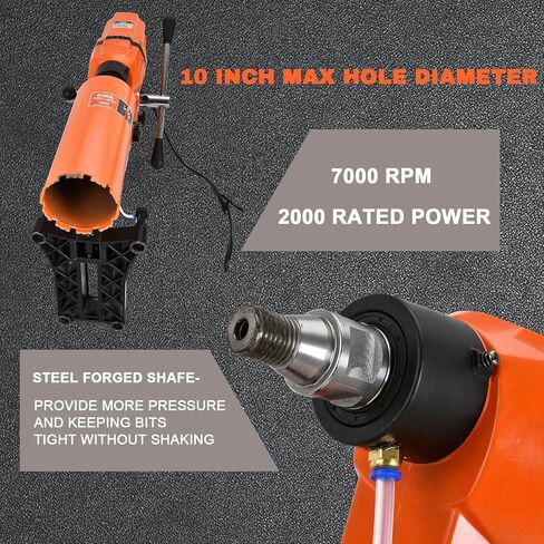 آلة الحفر الأساسية الماسية BHTOP، جهاز الحفر الأساسي للخرسانة الرطبة مقاس 10 بوصات مع عجلة حامل، وسرعة 700 دورة في الدقيقة ومقبض رفع وخيط 1-1/4 بوصة، وقطر الحفر لحجر الطوب الخرساني، 3300 وات (بدون قطع) in Kuwait