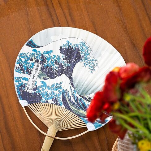 Paper Decorative Japanese Fans Cattail Paddle Hand Fan Japanese Room Home Wall Decor with Colorful Ukiyoe Festival Home Portable Uchiwa Bamboo Handle Party Gathering Souvenir Cosplay (Sea Wave) in Saudi Arabia