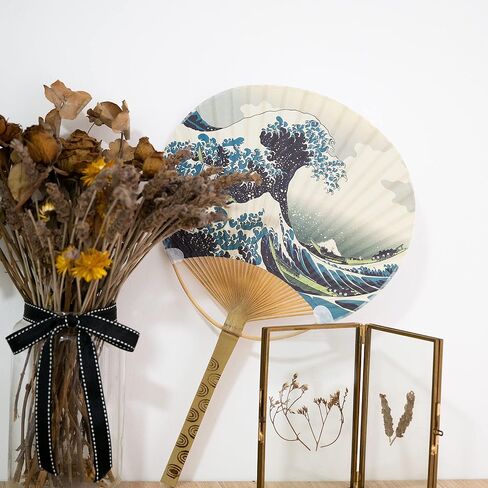 Paper Decorative Japanese Fans Cattail Paddle Hand Fan Japanese Room Home Wall Decor with Colorful Ukiyoe Festival Home Portable Uchiwa Bamboo Handle Party Gathering Souvenir Cosplay (Sea Wave) in Saudi Arabia