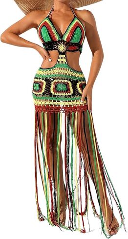 Verdusa Women's Hollow Out Crochet Fringe Swimsuit Maxi Dress Beach Cover Up in Saudi Arabia