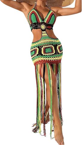 Verdusa Women's Hollow Out Crochet Fringe Swimsuit Maxi Dress Beach Cover Up in Saudi Arabia