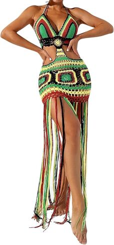 Verdusa Women's Hollow Out Crochet Fringe Swimsuit Maxi Dress Beach Cover Up in Saudi Arabia