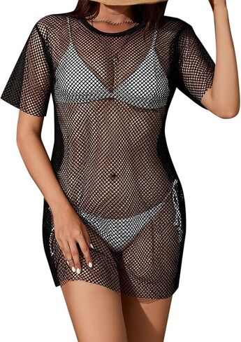 FYMNSI Women's Sexy Glitter Sheer Mesh Dress See Through Fishnet Dress Long T-Shirts Bikini Cover Up Beach Swimwear Clubwear in Saudi Arabia