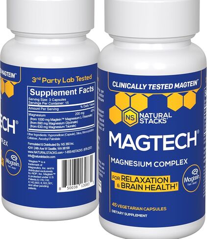 مكدسات طبيعية مكمل المغنيسيوم MagTech - مركب المغنيسيوم المخلبي - 3 أشكال من المغنيسيوم: Magtein Magnesium L-Threonate، Glycinate و Taurate - يدعم الاسترخاء وصحة الدماغ *، 45 كبسولة in Kuwait