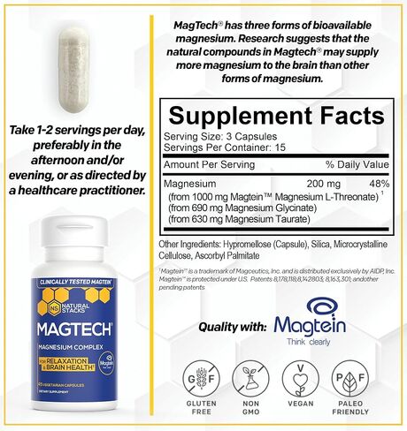 مكدسات طبيعية مكمل المغنيسيوم MagTech - مركب المغنيسيوم المخلبي - 3 أشكال من المغنيسيوم: Magtein Magnesium L-Threonate، Glycinate و Taurate - يدعم الاسترخاء وصحة الدماغ *، 45 كبسولة in Kuwait