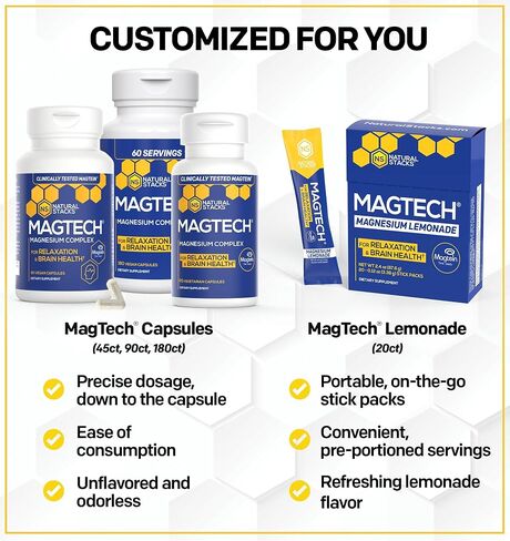 مكدسات طبيعية مكمل المغنيسيوم MagTech - مركب المغنيسيوم المخلبي - 3 أشكال من المغنيسيوم: Magtein Magnesium L-Threonate، Glycinate و Taurate - يدعم الاسترخاء وصحة الدماغ *، 45 كبسولة in Kuwait