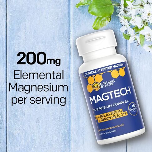 مكدسات طبيعية مكمل المغنيسيوم MagTech - مركب المغنيسيوم المخلبي - 3 أشكال من المغنيسيوم: Magtein Magnesium L-Threonate، Glycinate و Taurate - يدعم الاسترخاء وصحة الدماغ *، 45 كبسولة in Kuwait