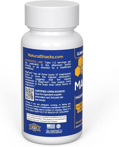 مكدسات طبيعية مكمل المغنيسيوم MagTech - مركب المغنيسيوم المخلبي - 3 أشكال من المغنيسيوم: Magtein Magnesium L-Threonate، Glycinate و Taurate - يدعم الاسترخاء وصحة الدماغ *، 45 كبسولة in Kuwait