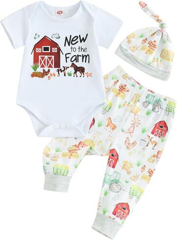 Ayalinggo Baby Boys 3Pcs Farm Clothes Short Sleeve Tractor Print Romper + Pants + Hat Set Newborn Clothes in Saudi Arabia