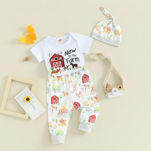 Ayalinggo Baby Boys 3Pcs Farm Clothes Short Sleeve Tractor Print Romper + Pants + Hat Set Newborn Clothes in Saudi Arabia