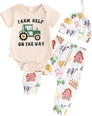 Ayalinggo Baby Boys 3Pcs Farm Clothes Short Sleeve Tractor Print Romper + Pants + Hat Set Newborn Clothes in Saudi Arabia