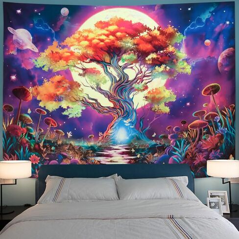 بلاك لايت شجرة الحياة نسيج تريبي مون نسيج الأشعة فوق البنفسجية التفاعلية شجرة الغابات نسيج النيون الجمالية نسيج الفطر الملونة نسيج الجدار شنقا لغرفة النوم غرفة المعيشة (70.8 × 94.5 بوصة) in Kuwait