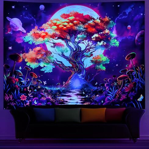 بلاك لايت شجرة الحياة نسيج تريبي مون نسيج الأشعة فوق البنفسجية التفاعلية شجرة الغابات نسيج النيون الجمالية نسيج الفطر الملونة نسيج الجدار شنقا لغرفة النوم غرفة المعيشة (70.8 × 94.5 بوصة) in Kuwait