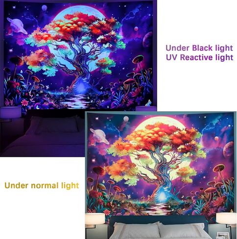 بلاك لايت شجرة الحياة نسيج تريبي مون نسيج الأشعة فوق البنفسجية التفاعلية شجرة الغابات نسيج النيون الجمالية نسيج الفطر الملونة نسيج الجدار شنقا لغرفة النوم غرفة المعيشة (70.8 × 94.5 بوصة) in Kuwait