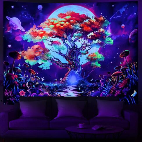 بلاك لايت شجرة الحياة نسيج تريبي مون نسيج الأشعة فوق البنفسجية التفاعلية شجرة الغابات نسيج النيون الجمالية نسيج الفطر الملونة نسيج الجدار شنقا لغرفة النوم غرفة المعيشة (70.8 × 94.5 بوصة) in Kuwait