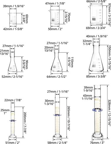 QWORK Lab Glassware Set, Beaker Flask Cylinder Set, 9 Pieces - Includes 3 Erlenmeyer Flasks, 3 Beakers, & 3 Grade A Graduated Cylinders - Borosilicate 3.3 Glass in Saudi Arabia