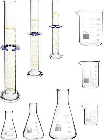 QWORK Lab Glassware Set, Beaker Flask Cylinder Set, 9 Pieces - Includes 3 Erlenmeyer Flasks, 3 Beakers, & 3 Grade A Graduated Cylinders - Borosilicate 3.3 Glass in Saudi Arabia