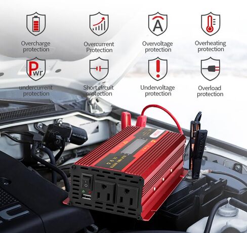 محول طاقة السيارة 420 وات/600 وات (الذروة) تيار مستمر 12 فولت إلى 110 فولت تيار متردد مع شاشة LCD ومنافذ تيار متردد مزدوجة وشاحن سيارة USB مزدوج للسيارة (أحمر-420) in Kuwait
