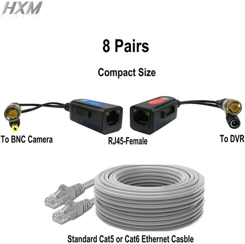 8 Pair Video Balun with Power, BNC to Cat5 Adapter, Ground Loop Isolated HD Analog Surveillance Camera Cable Ethernet Transceiver - Compact in Saudi Arabia