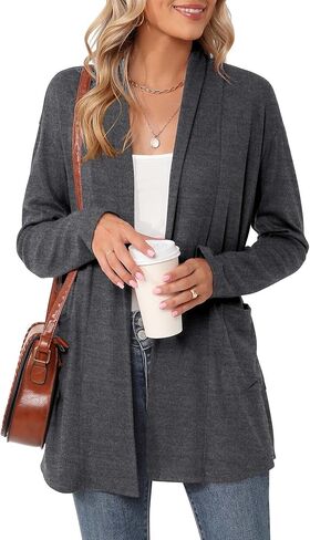 سترة كيمونو نسائية خفيفة الوزن ومفتوحة من الأمام من Micoson مع جيوب وأكمام طويلة كاجوال فضفاضة تغطي اللون الرمادي الفحمي L in Kuwait