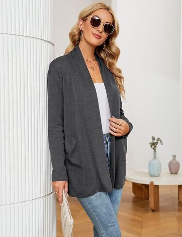 سترة كيمونو نسائية خفيفة الوزن ومفتوحة من الأمام من Micoson مع جيوب وأكمام طويلة كاجوال فضفاضة تغطي اللون الرمادي الفحمي L in Kuwait