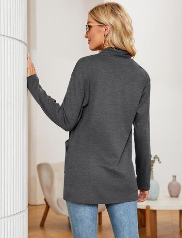 سترة كيمونو نسائية خفيفة الوزن ومفتوحة من الأمام من Micoson مع جيوب وأكمام طويلة كاجوال فضفاضة تغطي اللون الرمادي الفحمي L in Kuwait