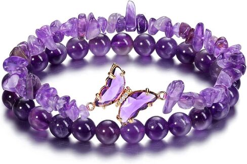 Jovivi Natural Amethyst Butterfly Bracelet for Women Anxiety 8mm Round Stone Beads Amethyst Chip Gemstone Beaded Bracelets Healing Crystal Stretch Bracelet Yoga Jewelry Gifts in Saudi Arabia