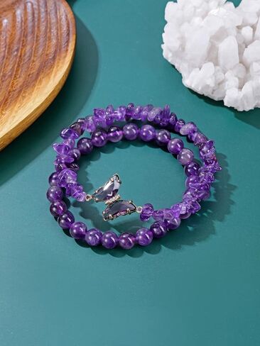 Jovivi Natural Amethyst Butterfly Bracelet for Women Anxiety 8mm Round Stone Beads Amethyst Chip Gemstone Beaded Bracelets Healing Crystal Stretch Bracelet Yoga Jewelry Gifts in Saudi Arabia