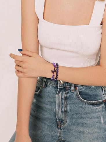 Jovivi Natural Amethyst Butterfly Bracelet for Women Anxiety 8mm Round Stone Beads Amethyst Chip Gemstone Beaded Bracelets Healing Crystal Stretch Bracelet Yoga Jewelry Gifts in Saudi Arabia