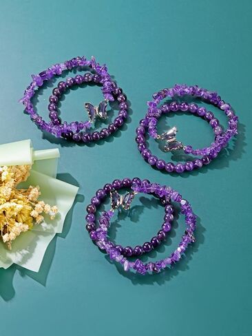 Jovivi Natural Amethyst Butterfly Bracelet for Women Anxiety 8mm Round Stone Beads Amethyst Chip Gemstone Beaded Bracelets Healing Crystal Stretch Bracelet Yoga Jewelry Gifts in Saudi Arabia