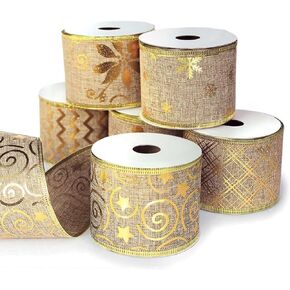 Gold Ribbon Wired Christmas Tree Ribbon 2.5 Inch Burlap Ribbons Xmas 6 Rolls 36 Yards Metallic Glitter Crafts Decorating Gift Wrapping Bows Gift Wrap Bow Trees Topper Wreath Indoor/Outdoor
