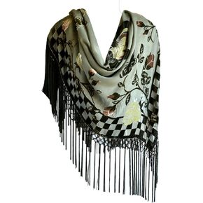 Silk Base Burn-out Velvet Square Shawl, 42"x42", 8" Net Tassel, Mult.Olive Rose
