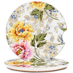 Absorbent Car Cupholder Coaster 2 Pack, Cute Car Coasters with a Finger Notch for Women & Men,2.56" Ceramic Stone & Non-Scratch Cork Base Drink Coasters, Cute Auto Accessories Gifts