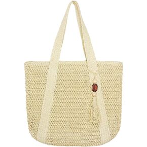 Straw Beach Bag for Women Woven Structured Tote Bag Summer Shoulder Handbags